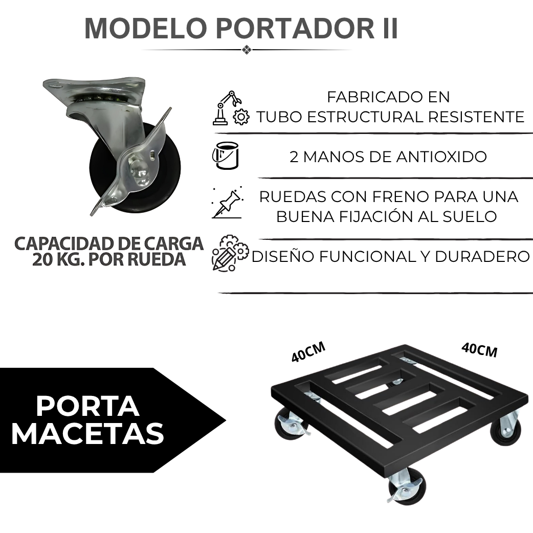 Portador II / Porta Macetas Con Ruedas 40x40cm