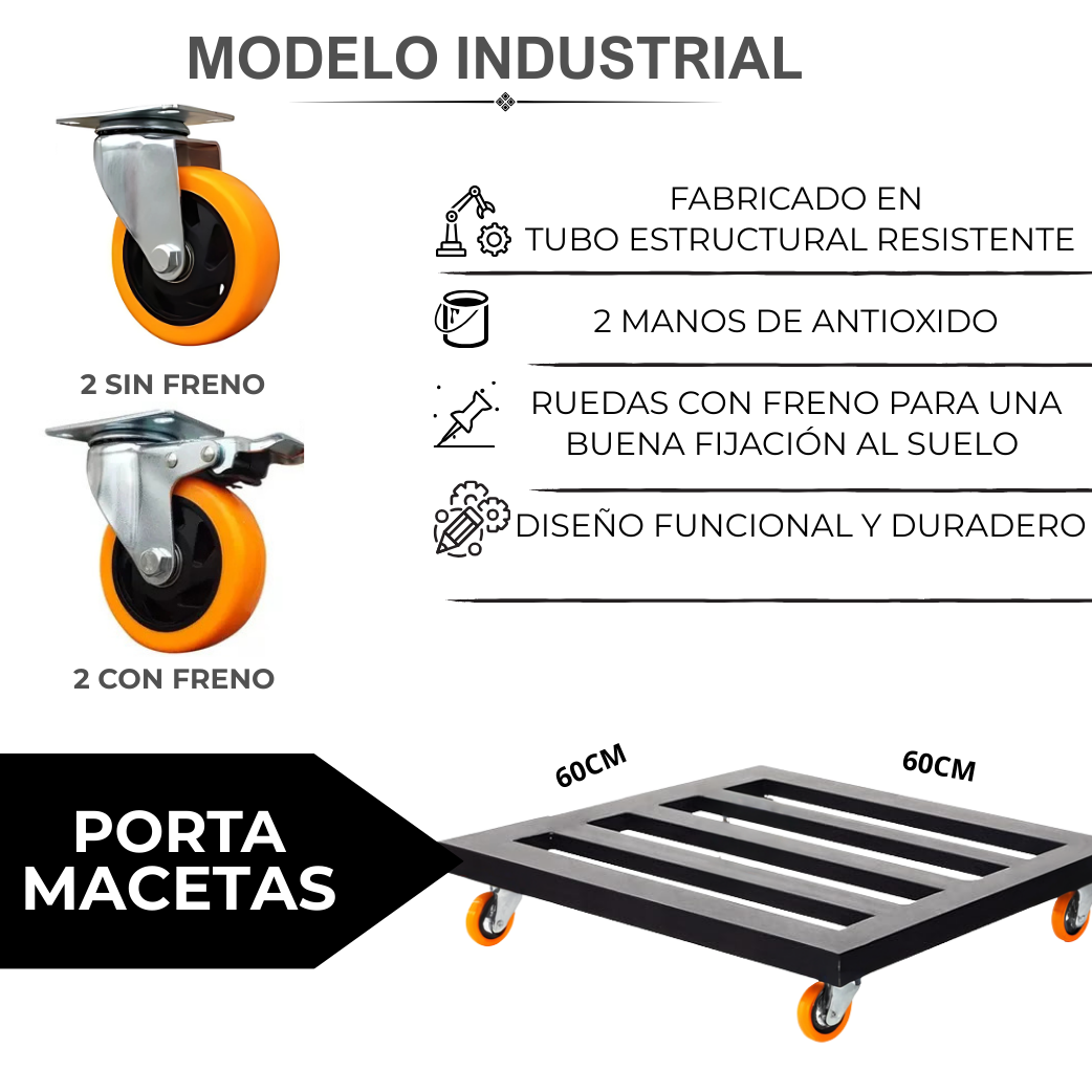Portador Industrial I / Porta Macetas Con Ruedas 60x60cm