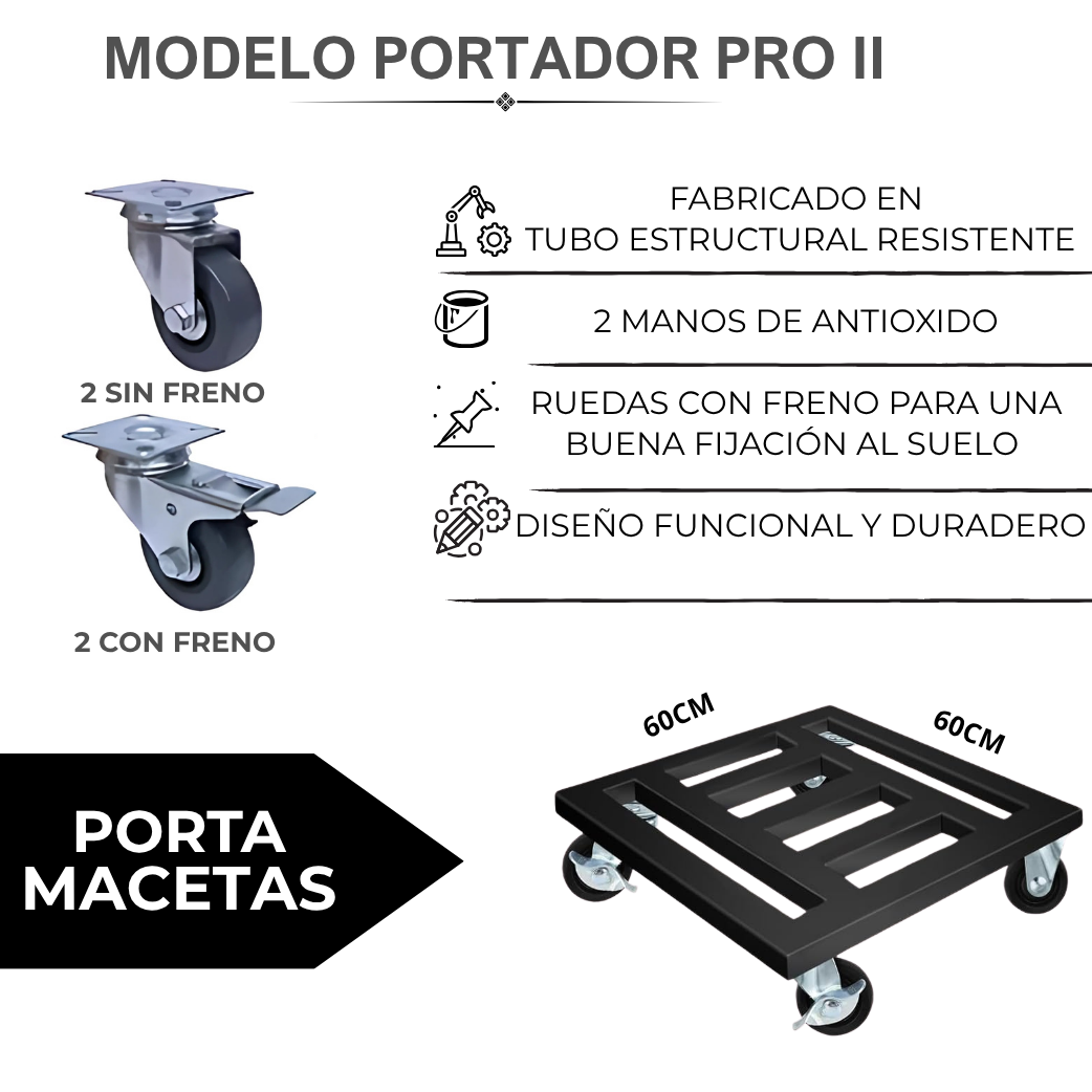 Portador Pro II / Porta Macetas Con Ruedas 60x60cm